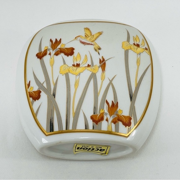 Vintage Action Hummingbird Bird Flat Vase Japan Iris Flower Spring Round Short - Picture 9 of 12